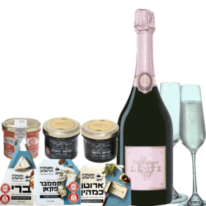 מארז שמפניה רוזה גבינות קוויאר וכוסות שמפניה