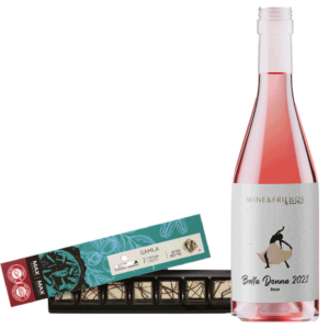 מארז בלרינה משלוח מנות לפורים. יין רוזה ושוקולד לבן